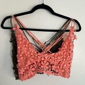 Two Free People Miss Dazie Bralettes Moss Green and Desert Flower Pink Floral L